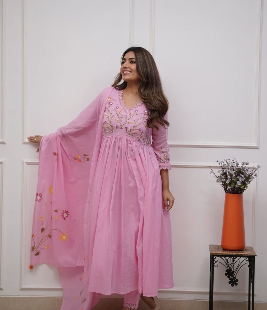 Cotton Embroidered Kurta Set with Malmal Dupatta